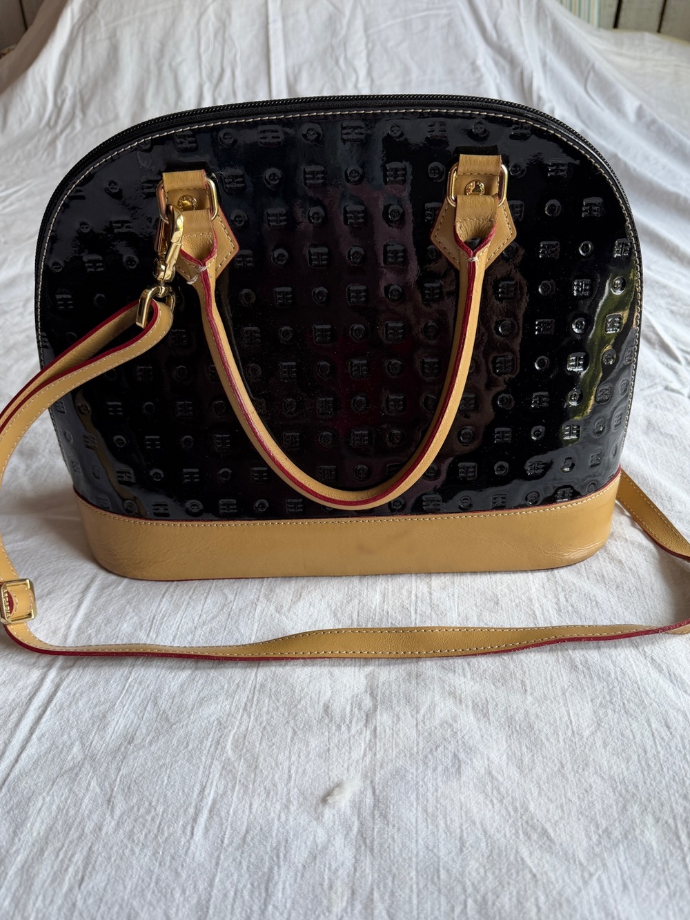 Black Patent and Tan Leather Dome Satchel by Arcadia